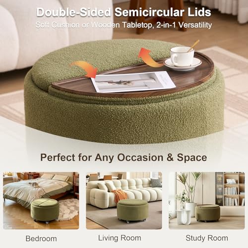 29.5" Round Storage Ottoman Coffee Table, Dual Reversible Lids, Green | Round Ottoman Coffee Table, Swivel Casters, Hidden Storage, Dual Lift-Off Lids, Teddy Fabric, Living Room, Bedroom - color: Green