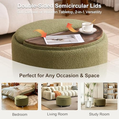 29.5" Round Storage Ottoman Coffee Table, Dual Reversible Lids, Green | Round Ottoman Coffee Table, Swivel Casters, Hidden Storage, Dual Lift-Off Lids, Teddy Fabric, Living Room, Bedroom - color: Green