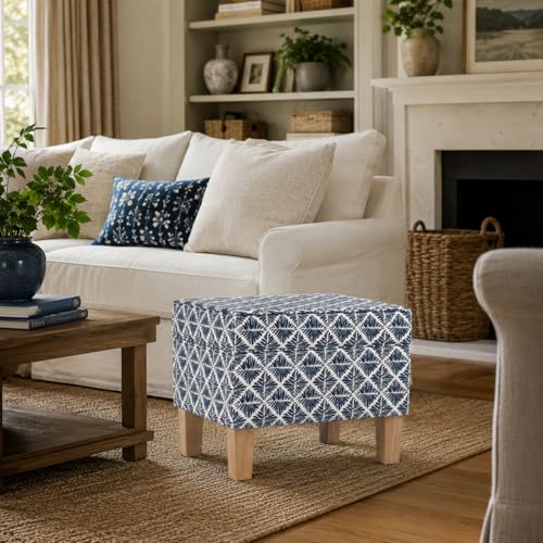 HomePop 22" Modern Rectangular Storage Ottoman - Blue Geometric Pattern - color: Blue Geometric Pattern