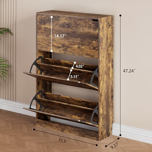 Shoe Storage Cabinet, Wood Shoe Organizer for Entryway with 3 Flip Drawers, Freestanding Shoe Rack with Adjustable Shelf, Narrow Shoe Dresser for Front Door Entrance (Brown, 3 Drawers) - color: Brown, size: Regular 3 Drawers