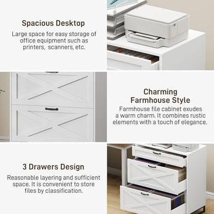 Lateral File Cabinet, Farmhouse File Cabinet with 3 Drawers, Office White | Modern Farmhouse File Cabinet for Legal/Letter/A4 Size Hanging Files, Printer Stand Large Wood Home Office Cabinet - color: Office White