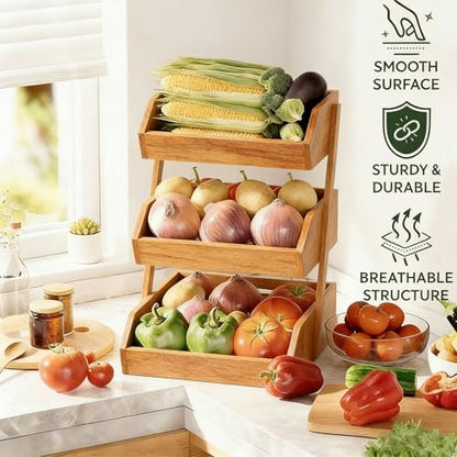 Simple Trending 3-Tier Natural Bamboo Fruit & Vegetable Basket Organizer, Ventilated Countertop Kitchen Storage with 2 Removable Banana Hooks, Sturdy for Fruits, Veggies, Snacks, Bread, Easy Assemble