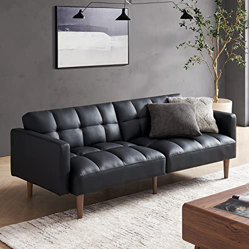 mopio 76.4" Futon Sofa Bed Tufted Styled, Sleeper Couch (Midnight Black PU) | Easy-clean surface reclines flat for visitors; a space-smart mid-century silhouette works anywhere. - color: Aaron Pu, Midnight Black