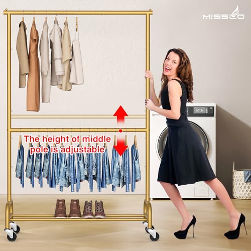 MISSLO Gold Clothing Racks for Hanging Clothes Heavy Duty Clothes Rack Double Garment Rack Metal Rolling Coat Rack Closet Wardrobe Rack on Wheels - color: Gold