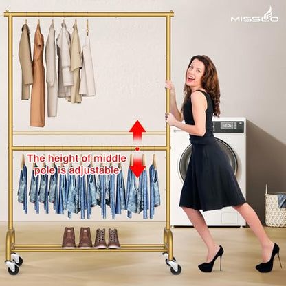 MISSLO Gold Clothing Racks for Hanging Clothes Heavy Duty Clothes Rack Double Garment Rack Metal Rolling Coat Rack Closet Wardrobe Rack on Wheels - color: Gold