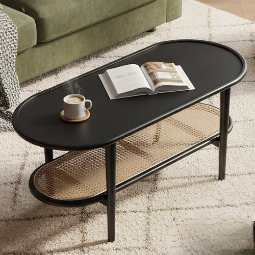Modern Rattan Coffee Table,Black Wood Coffee Table with Storage Shelf for Living Room, 2-Tier Center Table 39.5 Oval Entryway Table Side Table Nightstand for Bedroom Office Small Space Cafe - color: Black