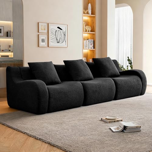 115.3" Modern 3 Seater Sofa, No Assembly, Streamlined Design, Modern Small Couch with Plush Teddy Fabric for Living Room, Bedroom, Apartment, Home Office (Black) - color: Black02, size: 3 Seat