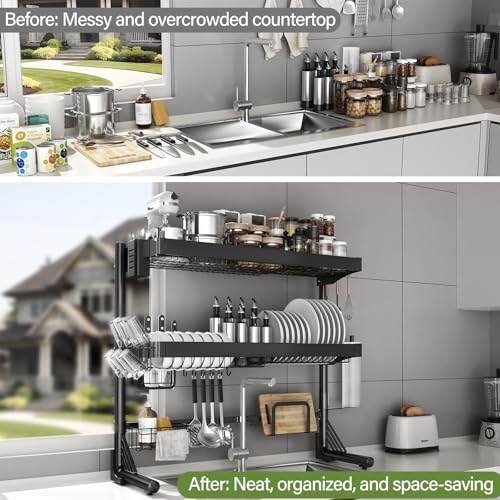 Over Sink Dish Drying Rack, 3-Tier Full Stainless Steel Drainer Dish Rack Adjustable 20.9''-37.4'', Expandable Multifunctional Kitchen Organizer - color: Black, size: 3 Tier with Flat Grid