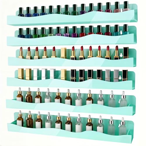 Nail Polish Wall Rack, 6-Shelf 15-Inch Light Green Acrylic Nail Polish Shelves with Removable Ends – Multi-Purpose Shelf for Essential Oils, Cosmetics Storage and Display for Salons and Bathrooms - color: Light Green