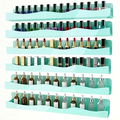 Nail Polish Wall Rack, 6-Shelf 15-Inch Light Green Acrylic Nail Polish Shelves with Removable Ends – Multi-Purpose Shelf for Essential Oils, Cosmetics Storage and Display for Salons and Bathrooms - color: Light Green