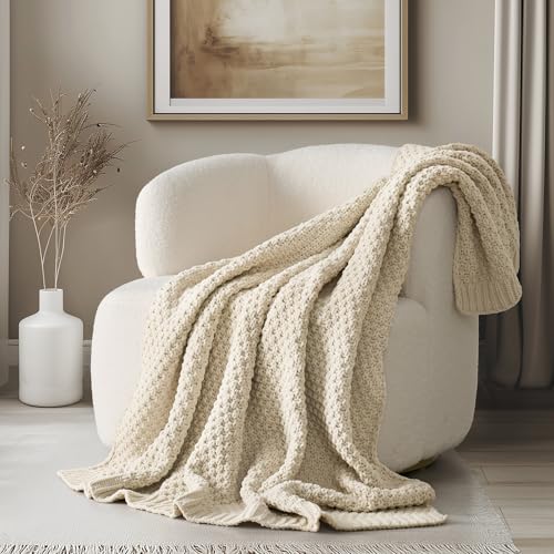 EVERGRACEHOME Chunky Chenille Knit Throw Blanket, 50 x 60, Beige | Sculpted Moss Stitch, Chic Modern Farmhouse, All-Season Warmth, OEKO-TEX® Certified, Elegant Blanket for Couch, Bed, Sofa - color: Beige, size: 50" X 60"