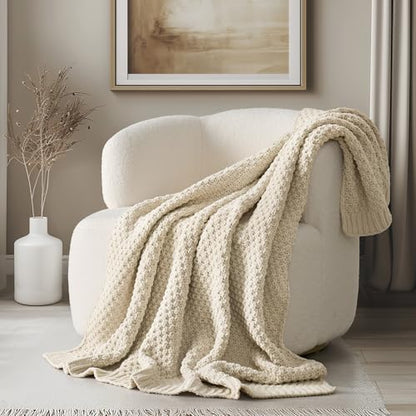 EVERGRACEHOME Chunky Chenille Knit Throw Blanket, 50 x 60, Beige | Sculpted Moss Stitch, Chic Modern Farmhouse, All-Season Warmth, OEKO-TEX® Certified, Elegant Blanket for Couch, Bed, Sofa - color: Beige, size: 50" X 60"