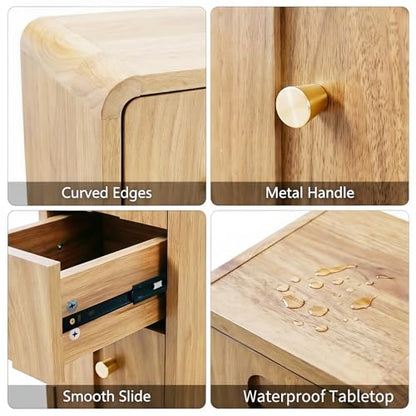 Narrow Nightstand with 3 Drawers, Small Bedside Table, Mid Century Modern Skinny Night Stand with Storage, Wood Slim Side Table for Bedroom, Small Spaces, Living Room (Natural-1pcs)