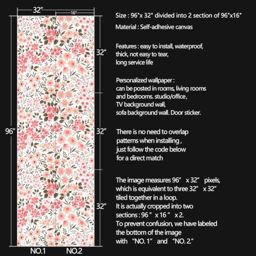 Pink Flowers Peel and Stick self Adhesive Wallpaper Floral - 96''x32'' - color: X13, size: 96"x32"