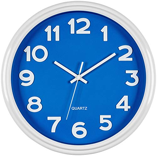 Bernhard Products Blue Wall Clock 12.5 Inch Silent Non-Ticking Modern Stylish Quartz Clocks for Home Kitchen Office Bedroom Boy's Room Nursery Kids School Classroom Battery Operated Easy to Read - style: True Blue