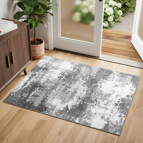 Entryway Rug 2x3 Grey Door Mat Indoor Entrance 24x36, Washable Small Throw Rugs for Kitchen Floor, Entry, Front Door, Bedroom Bedside, Non-Slip Low Pile Stain & Fade Resistant, Abstract Gray - color: Grey, size: 2' X 3' (Rectangular)