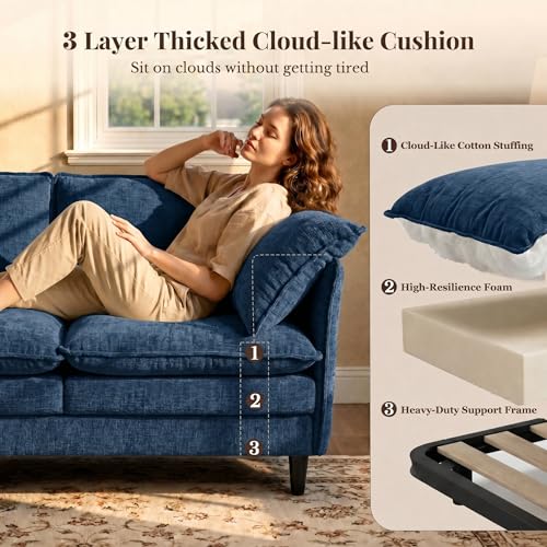 69 Inch Small Sofa Couch with Ottoman, L Shape Sectional Couch 3 Seats with Cloud 2 Layer Cushion, 22.8” Deep Seat, Washable Pillows for Small Spaces, Living Room, Apartment, Office, Chenille, Blue - color: Blue, size: 3-Seat with Ottoman