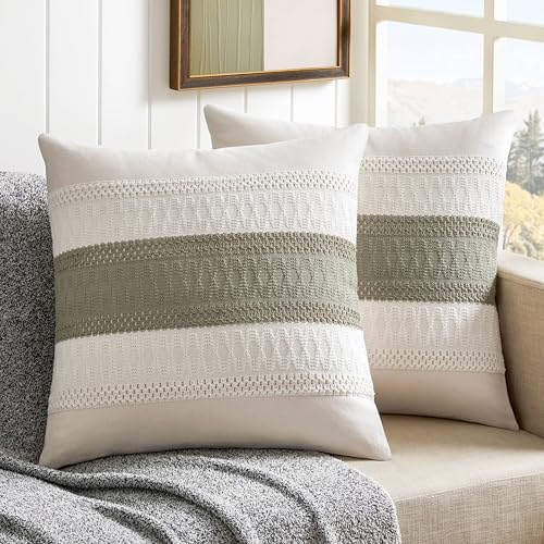 2 Pack Boho Throw Pillow Covers, Contrast Dark Sage 24x24in | Soft Breathable Cotton, Farmhouse Decorative Couch Pillow Cases, Cushion Covers for Sofa Bed Living Room Home Decor - color: Contrast/Dark Sage, size: 24" x 24" (Pack of 2)