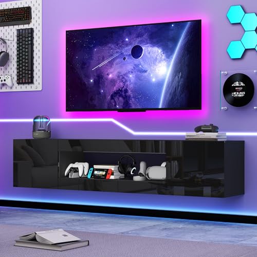 BREEZEHEAT 70'' Floating TV Stand, Wall Mounted TV Cabinet, High Glossy Entertainment Center-Modern Media Console Fits 65-80 Inches TV for Living Room/Bedroom, Remote Control, Black - color: Black