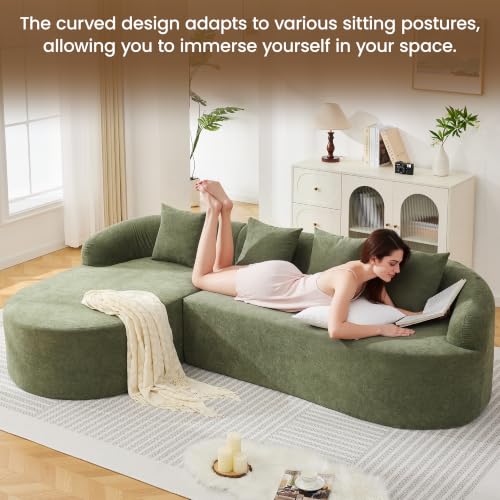105" Boneless L Shaped Couch, Curved Sofas for Living Room, Chenille Green | Sectional Cloud Sofa with Chaise Lounge, 17" Thickened Cushion, 21.5" Deep Seat, Comfy Back Pillow, No Assembly - color: Green, size: L-Shaped Sofa