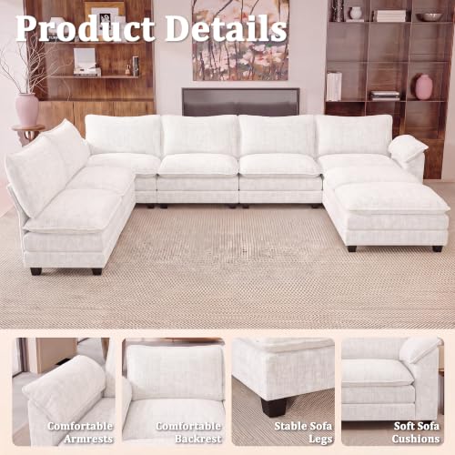 JUMMICO 232" Oversized Sectional Couch, Modular Cloud Sofa, White | Comfy Chenille, 2 Movable Ottoman, Deep Seat, Double Layer Cushion, 6 Seat, High-Density Foam, for Living Room - color: White, size: Oversized Sofa