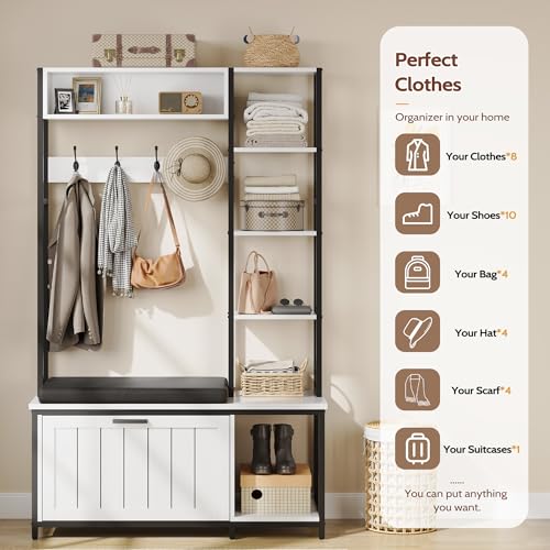 Hall Tree Coat Rack, Hall Tree With Bench and Shoe Storage Shoe With, Mud Room Storage Furniture，39.37 X 15.74 X 69.69 Inches, Rustic White - color: White