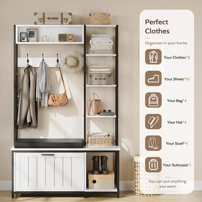 Hall Tree Coat Rack, Hall Tree With Bench and Shoe Storage Shoe With, Mud Room Storage Furniture，39.37 X 15.74 X 69.69 Inches, Rustic White - color: White