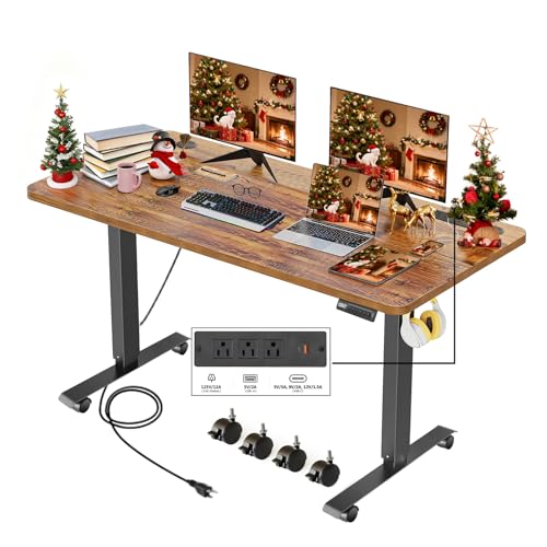 Electric Adjustable Height Standing Desk, 55×24 Inches Sit Stand Desk with Power Socket, 2 USB Ports, 3 Power Outlets, 4 Wheels,4 Memory Buttons Home Office Computer Workstations (Brown) - color: Brown, size: 55 x 24''