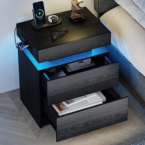 LIKIMIO Nightstand with Charging Station LED Light and 2 Drawers Black | bedside table; end table; charging station; LED light; 2 drawers; black wood grain; small spaces - color: Black