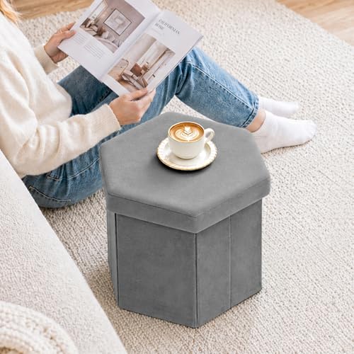 B FSOBEIIALEO Storage Ottoman Cube Hexagonal Pouf Ottomans, Foot Rest Seat for Sofa Footrest Entryway Shoe Footstool for Living Room/Bedroom/Entrway Velvet Grey 16.93"x15"x15" - color: Grey