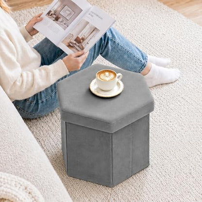 B FSOBEIIALEO Storage Ottoman Cube Hexagonal Pouf Ottomans, Foot Rest Seat for Sofa Footrest Entryway Shoe Footstool for Living Room/Bedroom/Entrway Velvet Grey 16.93"x15"x15" - color: Grey