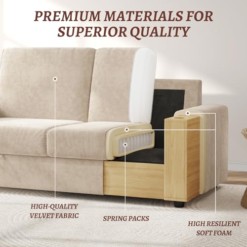 COPIAE Loveseat Sofa, Larger Couch Velvet Fabric with Storage, Charging Ports, Heightened Backrests, Removable Cover Modern Comfy Couches Easy Assembly for Living Room, 88 Inch Beige - color: Beige