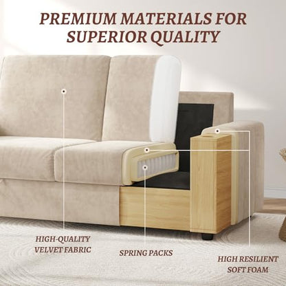 COPIAE Loveseat Sofa, Larger Couch Velvet Fabric with Storage, Charging Ports, Heightened Backrests, Removable Cover Modern Comfy Couches Easy Assembly for Living Room, 88 Inch Beige - color: Beige