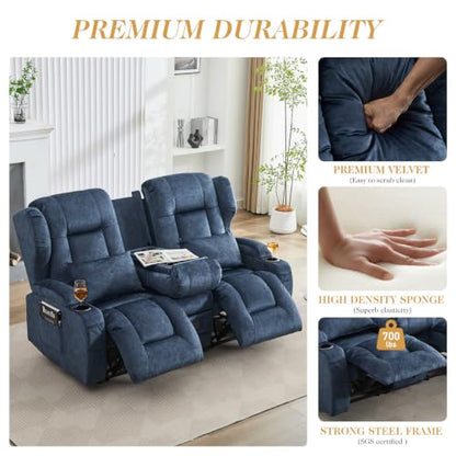 Loveseat Recliner Sofa,RV Wall Hugger Recliners with Flip-up Console,Reclining Loveseat Sofa Recliner with Cup Holders/Lumbar Pillows for Small Spaces,RV Furniture (Blue,68" 2-Seater) - color: Blue, size: 68" 2-Seater