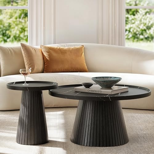 win2win Nesting Coffee Table Set of 2 with Marble Veneer, Black | Modern Round Tea Table and End Table Set, Minimalist Wood Center Tables for Living Room, Office, Fluted Design