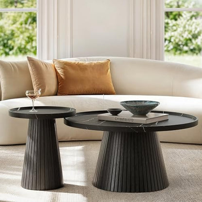 win2win Nesting Coffee Table Set of 2 with Marble Veneer, Black | Modern Round Tea Table and End Table Set, Minimalist Wood Center Tables for Living Room, Office, Fluted Design