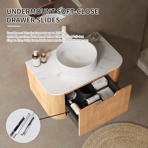 36” Floating Bathroom Vanity with Sink, Fluted Wall-Mounted Solid Wood Cabinet, White Ceramic Round Basin, Faux Marble Top, Soft-Close Drawer, Pre-Assembled, Natural Woodgrain - color: 02 - Natural Woodgrain, size: 36"