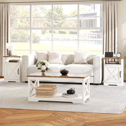 AMERLIFE 3 Piece Farmhouse Living Room Coffee Table Set, Distressed White | Coffee Table & 2 End Tables with Charging Station and USB Ports, Farmhouse Style, Barn Door Design, Living Room Furniture - color: Distressed White