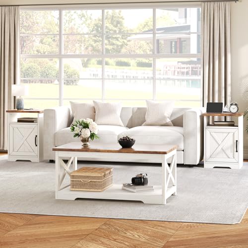 AMERLIFE 3 Piece Farmhouse Living Room Coffee Table Set, Distressed White | Coffee Table & 2 End Tables with Charging Station and USB Ports, Farmhouse Style, Barn Door Design, Living Room Furniture - color: Distressed White