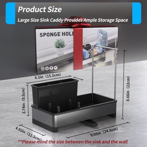 Stainless Steel Sink Caddy, Kitchen Sink Sponge Holder with Brush Holder and Towel Rack, Soap Dispenser Kitchen Organizers Storage Essentials, Dish Organizer for Countertop
