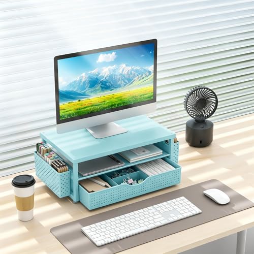 gianotter Desk Organizers and Accessories, Monitor Stand with Drawer and 2 Pen Holder, Desktop Organizer Suitable for Offices and Dormitories (Blue-Plain) - color: Blue-Plain