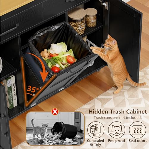 YESHOMY 56" Kitchen Island with Trash Can Storage, Drop Leaf Kitchen Island with Storage, 2 Drawers, 5 Wheels, Spice Rack & Towel Holder, Black and Yellow Oak - color: Black and Yellow Oak