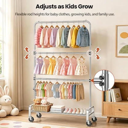 Heavy Duty Kids Clothing Rack Rolling Large Storage Capacity Dress Up Rack | with 2/3 Adjustable Rod & Bottom Shelf - Baby clothes rack baby Closet for Nursery Bedroom Organizer - color: Silver