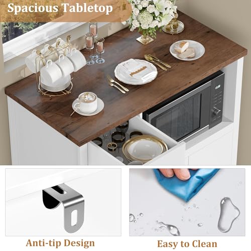 GarveeHome Kitchen Microwave Cabinet with Storage and Drawers, White | Modern Small Buffet Cabinet, Glass Doors, Adjustable Shelf, Wooden Sideboard, Wide Top, for Dining Room, Living Room - color: White
