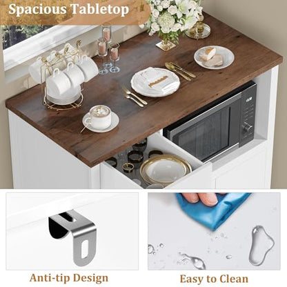 GarveeHome Kitchen Microwave Cabinet with Storage and Drawers, White | Modern Small Buffet Cabinet, Glass Doors, Adjustable Shelf, Wooden Sideboard, Wide Top, for Dining Room, Living Room - color: White