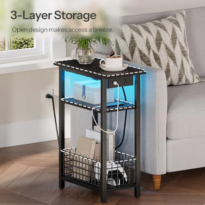 HOOBRO Narrow Side Table with Charging Station and LED Light, Small End Table with Storage, Skinny Nightstand with USB Port, Slim Bedside Table for Small Spaces, Living Room, Rustic Brown BF242UDBZ01 - color: Rustic Brown + Black