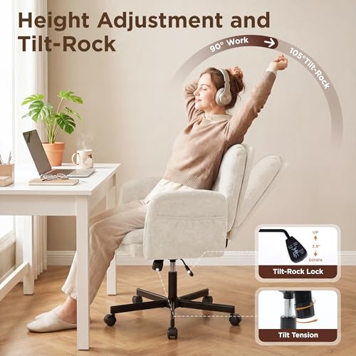 FiveWillowise Cross Legged Office Chair with Flip-up Arms&Low Back,Beige | Criss Cross Chair With Thicken Wide Seat,Lounge Makeup Vanity Chairs with Side Pockets,Comfy Home Office Desk Chair,Chenille - color: Beige