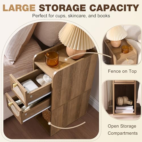 Narrow Nightstand (Rattan & Wood) - Small Bedside Table with 2 Drawers, Open Shelf, Mid Century Modern End Table - for Bedroom, Living Room & Small Spaces, Rustic Oak Rattan - color: Rustic Oak Rattan, size: 7.9"W (1 Pc)