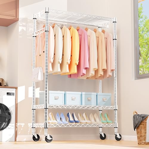 M MZG Heavy Duty Rolling Garment Rack 3 Tiers Adjustable Wire Shelving Clothes Rack with Rods and Side Hooks,Storage Closet Clothing Rack with Wheels Chrome 17.7" D x 47.2" W x 83.6" H - color: Chrome, size: 3 Tier with 1 rod, 17.7"D x 47.2"W x 83.6"H