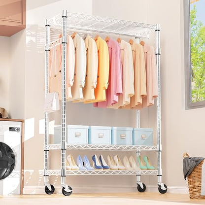 M MZG Heavy Duty Rolling Garment Rack 3 Tiers Adjustable Wire Shelving Clothes Rack with Rods and Side Hooks,Storage Closet Clothing Rack with Wheels Chrome 17.7" D x 47.2" W x 83.6" H - color: Chrome, size: 3 Tier with 1 rod, 17.7"D x 47.2"W x 83.6"H